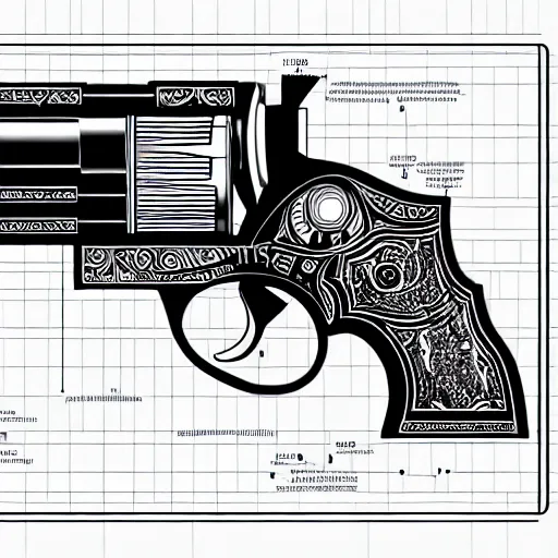 Image similar to a full page schematic diagram illustration of a revolver, ultra detailed, 4 k, intricate, encyclopedia illustration, fine inking lines