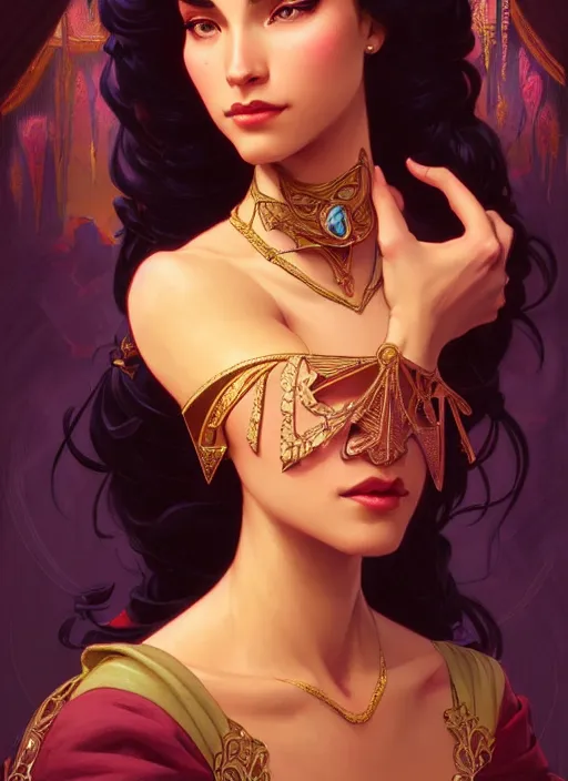 Image similar to portrait of disney esmeralda, intricate, elegant, highly detailed, my rendition, digital painting, artstation, concept art, smooth, sharp focus, illustration, art by artgerm and greg rutkowski and alphonse mucha and uang guangjian and gil elvgren and sachin teng, symmetry!!