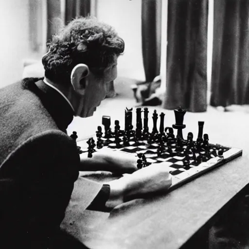 Image similar to ludwig wittgenstein playing chess with a robot, dramatic angle