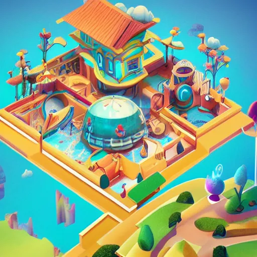 Image similar to isometric it's a small world ride, disney game level, 3 d render, in the style of yoworld, vmk myvmk, artstation, by miha rinne