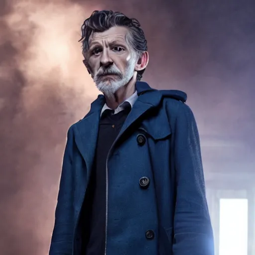 Image similar to tom holland as a rough dirty old man with a scruffy beard in a dark blue trenchcoat as the new doctor who, cinematic, volumetric lighting, f 8 aperture, cinematic eastman 5 3 8 4 film, photorealistic