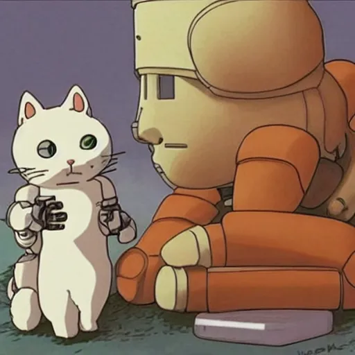 Image similar to a robot cuddling kittens, by studio ghibli
