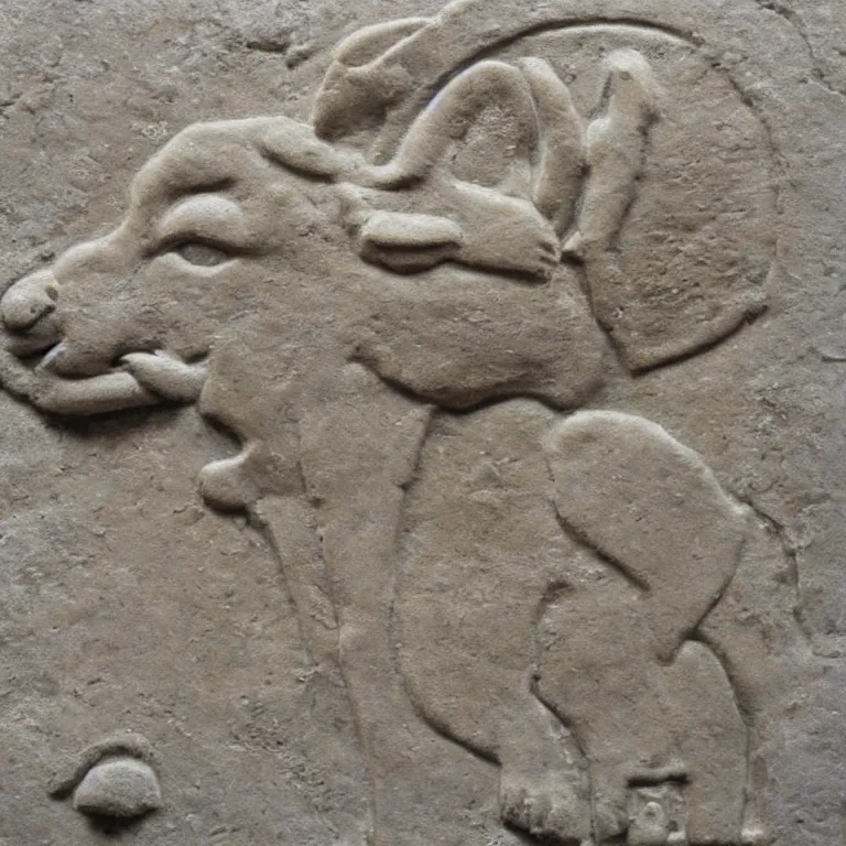 Image similar to ancient Babylonian stone bas relief of a shiba-inu's face