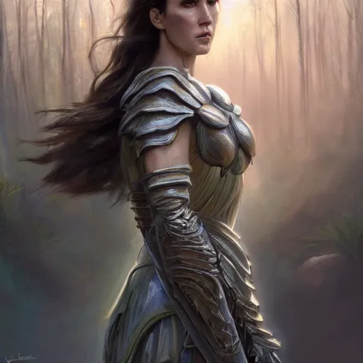 Image similar to A beautiful detailed painting of jennifer connelly as a female angel warrior in a magical forest by john sargent and Kalin Popov , Trending on artstation HD.