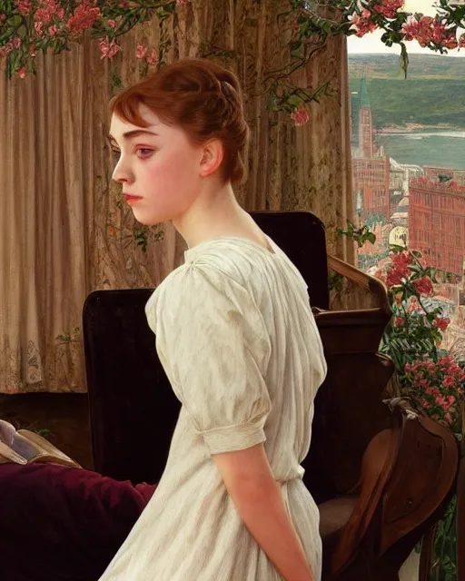 Image similar to a girl that looks like 16-year old Saoirse Ronan, Audrey Hepburn, and Scarlett Johansson, dressed in a nightgown, highly detailed, digital painting, artstation, concept art, smooth, sharp focus, illustration, ArtStation, alphonse mucha and J. C. Leyendecker and Edmund Blair Leighton Donato Giancola