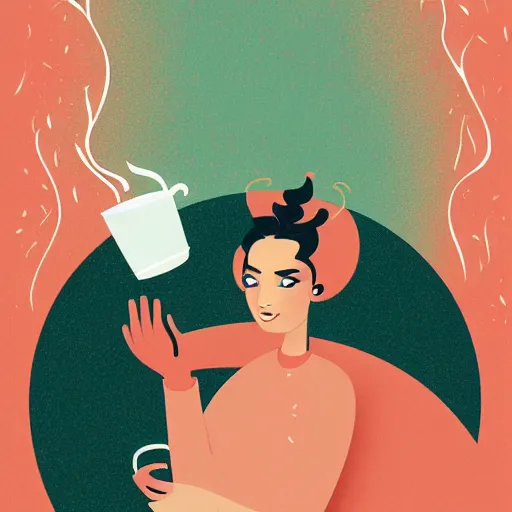 Image similar to illustration of a pretty girl having a cup of coffee, happy feeling, waking up, by malika favre and victo ngai