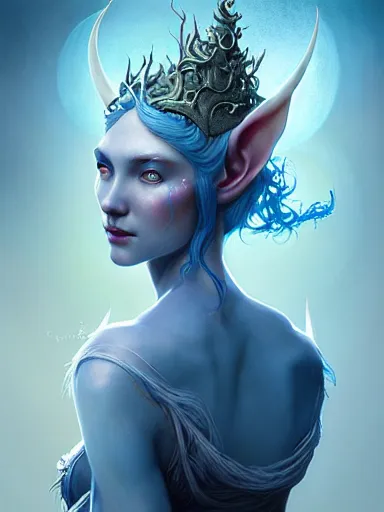 Image similar to the elven queen with blue skin by james jean, charlie bowater, tom bagshaw, nikolay makovsky : : enchanting, ethereal, magical, portrait, character design, illustration, hyperrealism, photorealism, digital art, concept art, fantasy, whimsy, weta, wlop, artstation