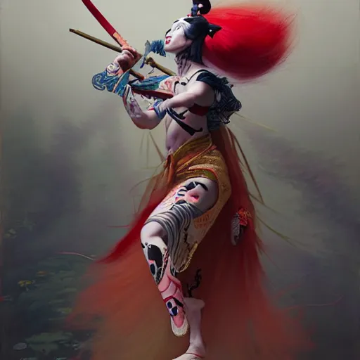 Prompt: an insane kabuki warrior wielding a spear while emitting a visible aura of madness, intricate hakama, red wig, crossed eyes, hazy atmosphere, high energy, in the style of jeremy lipking and peter mohrbacher,