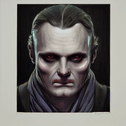 Image similar to hannibal lector, in the style of gerald brom, symmetry, smooth, sharp focus, semi - realism, intricate detail