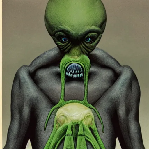 Image similar to closeup color 30mm film movie photograph of a 70-year old doctor wearing a surgical mask being smothered by a dangerous shape shifting alien creature, with multiple mutated snarling drooling human faces with a grotesque variety of gorey human and animal limbs protruding from its lower torso 1982