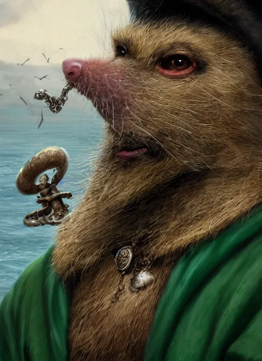 Prompt: humanoid rat with beard, serious, mean eyes, wearing jewelry, tricorne hat, green robe, D&D, digital art, detailed face, highly detailed, trending on artstation, 4k, sea in the background, art by greg rutkowski