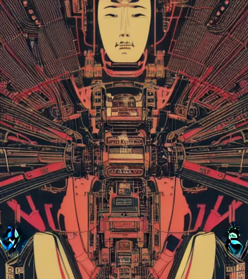 Image similar to futuristic japanese cyberpunk bladerunner silk screen by utagawa yoshiiku, ohara koson, pixiv contest winner, cyberpunk style, cyberpunk color scheme, mechanical, robotic, human machine interface, high resolution, hd