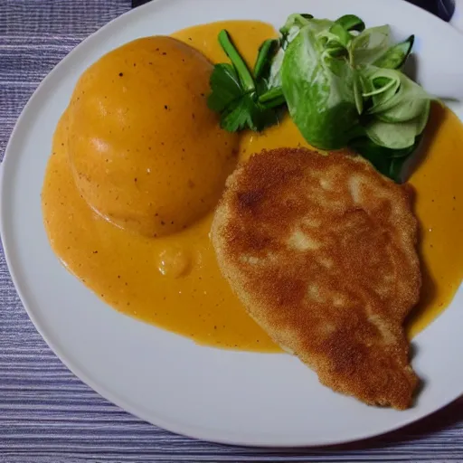 Image similar to schnitzel on orange gravy, mashed potatoes, Michelin star, award winning