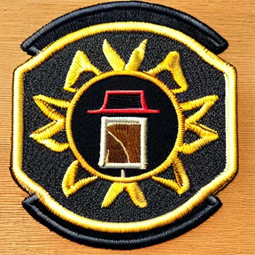 Prompt: plain yet detailed, fire station flame embroidered patch retro design