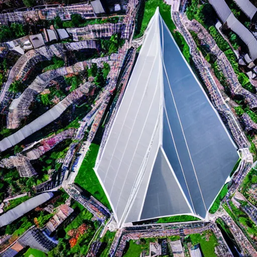 Image similar to an inverted pyramid, long wide shot, aerial shot, 4 k