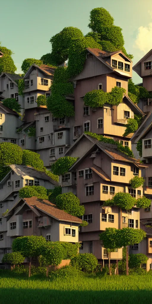 Image similar to stacked houses, solarpunk, studio ghibli, jean - baptiste monge, octane render, 4 k