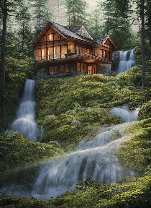 Image similar to beautiful large scandinavian house in the forest on a hill, a large waterfall flows down from the mountain in the background, octane render, fabulous, hyper detailed, random cinematic view, no noise, global illumination, warm lighting, volumetric, godrays, vivid, by jordan grimmer