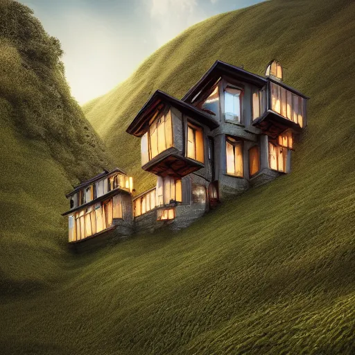 Prompt: small hillside house made of honey, modern lighting, hyper - realistic, hyper - detailed, 8 k, octane rendered, art nouveau, organic, flowing, impossible torsion, writhing, dynamic
