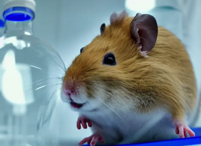 Image similar to film still of a hamster working in a research lab finding the cure for cancer, 8 k