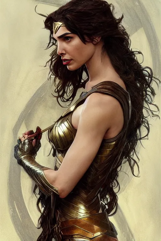 Image similar to Gal Gadot portrait, fantasy, powerful, elegant, intricate, beautiful lighting, by Stanley Artgerm Lau, greg rutkowski, thomas kindkade, alphonse mucha, loish, norman Rockwell