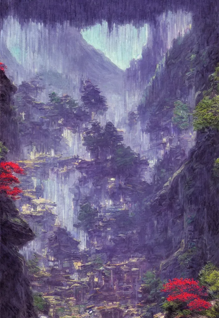 Image similar to a japanese city in the mountain surrounded by waterfall. cyberpunk, boats flying. beautiful blue sky. gorgeous epic nature, lofi, vivid colors, amazing light, by jeremy lipkin, by claude monet, heavily inspired by makoto shinkai, inspired by ghibli, masterpiece, multiple brush strokes, impressionist style