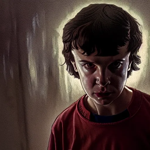 Image similar to a scene from stranger things, portrait, dark, with a surprised man, detailed face, with something scary in the background, like greg rutkowski and victo nagi