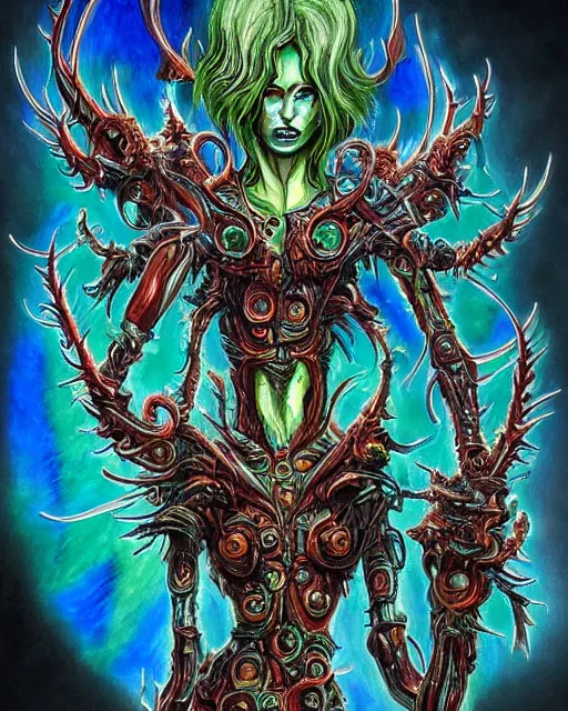 Image similar to silver mechanical charred bloody fleshmetal cyborg daemonhost woman psychedelic flamer of tzeentch with extra arms guns, blue and green rainbow fire, by antonio j. manzanedo, alex grey, android jones, wayne barlowe, philippe druillet, josephine wall, harumi hironaka, cronenburg, trending on artstation