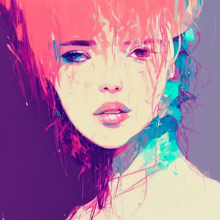 Image similar to close up portrait painting of a female in nineties street styling, concept art, intricate details, aesthetically pleasing pastel colors, art by conrad roset, impressionism, portrait