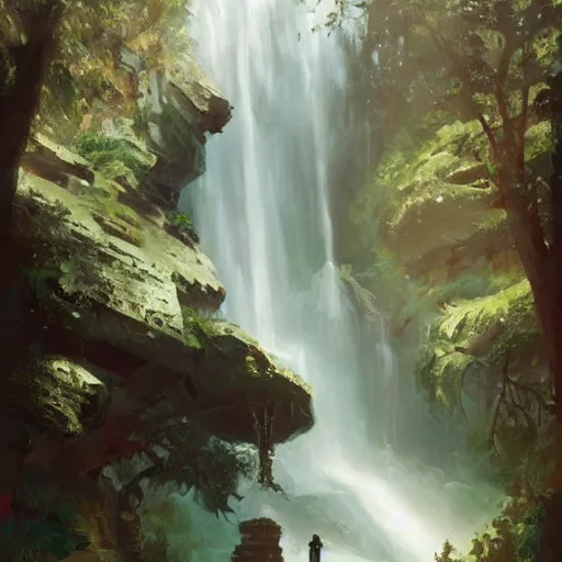 Prompt: Gigantic stone robot resting in front of a waterfall inside a forest, oil painting, by Greg Rutkowski