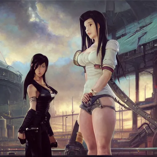 Image similar to a painting of tifa lockhart and aerith gainsborough from final fantasy 7, standard clothing from the conceptual art, the midgard steam punk city as backdrop, by greg rutkowski, artgerm, wlop, ruan jia, krenz cushart, alphonse mucha, rain, fog, unreal engine 5