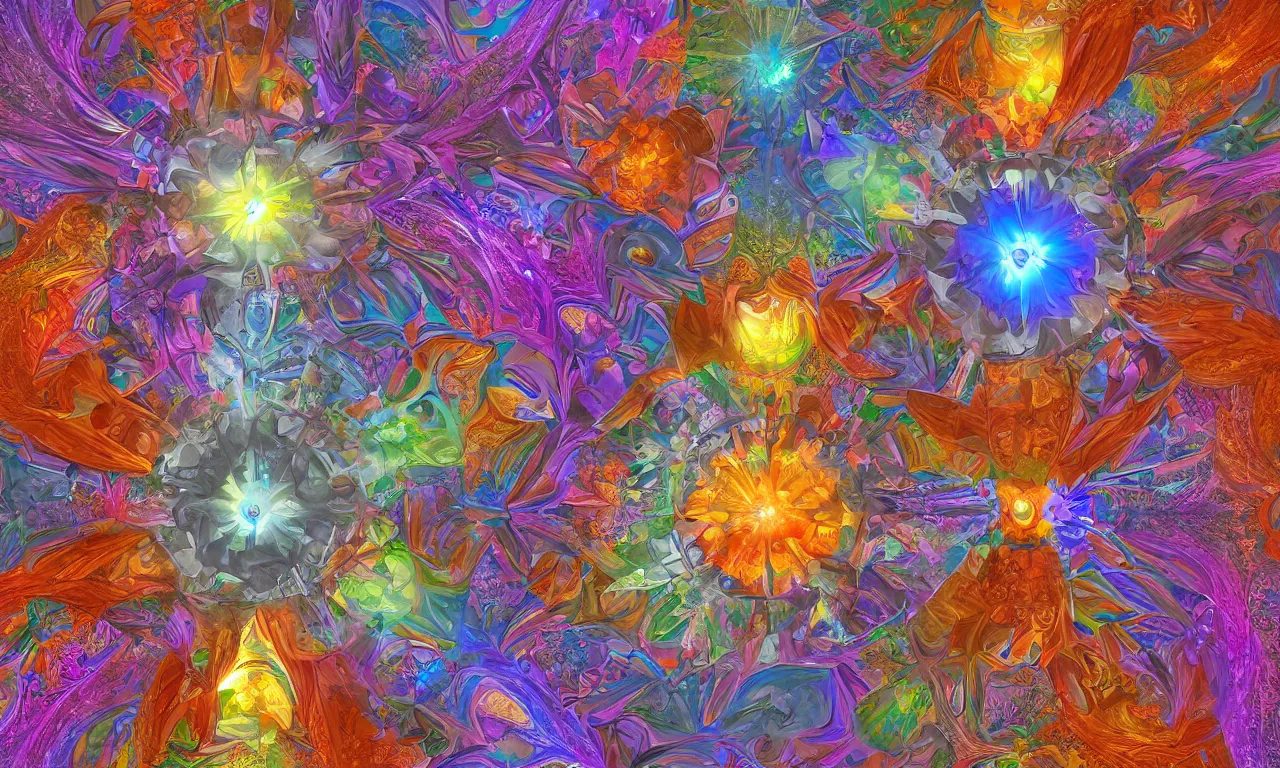 Image similar to voronoi engine laboratory 3 d volume kaleidoscope mandala fractal chakra digital multicolor stylized concept substance by artgerm, rossdraws, norman rockwell, magali villeneuve, gil elvgren, alberto vargas, earl moran, enoch bolles radiating a glowing aura global illumination ray tracing hdr