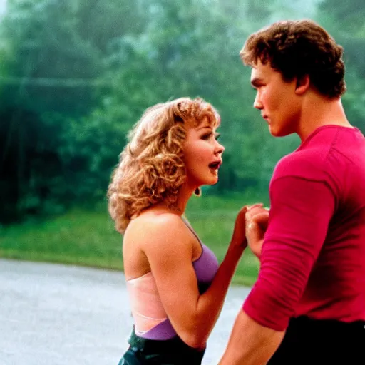 Image similar to dirty dancing poster with closeup portrait of young arnold schwarzenegger dancing with jennifer lawrence in the rain, 5 0 mm cinema shot, beautiful light, best lense, 9 0 s romantic movie, 4 k