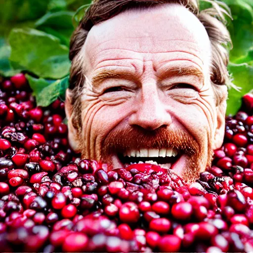 Image similar to closeup portrait of happy bryan cranston mouth filled with cranberies, submerged in cranberries, food photography, natural light, sharp, detailed face, magazine, press, photo, steve mccurry, david lazar, canon, nikon, focus