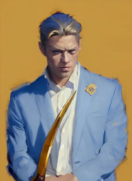 Image similar to greg manchess side portrait of a blond man in a blue suit with a big sword, asymmetrical, profile picture, organic painting, sunny day, matte painting, bold shapes, hard edges, street art, trending on artstation, by huang guangjian, gil elvgren, ruan jia, randy vargas, greg rutkowski