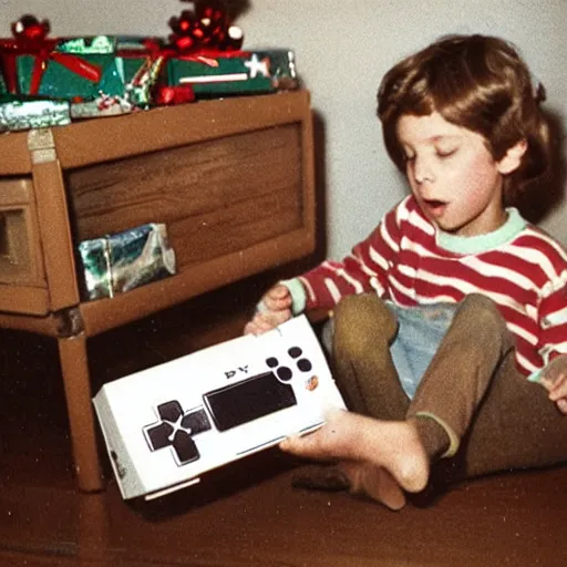 Prompt: Kid unwrapping a Playstation 4 on Christmas, 1980's Polaroid photograph