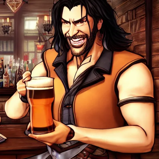 Prompt: Trevor Belmont from Castlevania, enjoying a pint of ale at a tavern, digital art, HDR, happily smiling at the camera, holding the pint of ale, sitting at the bar, warm lantern lighting.