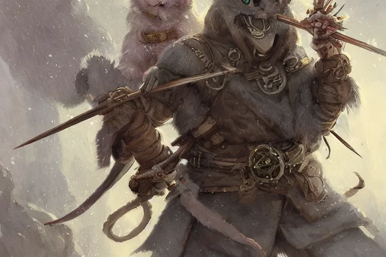 Image similar to dungeons and dragons fantasy painting, portrait of an ashigaru mouse rifleman, whimsical and cute, determined expression, watery eyes, anime inspired by krenz cushart, light grey fur, tufty whiskers, feathered arrows, bamboo forest, dawn lighting, by brian froud jessica rossier and greg rutkowski