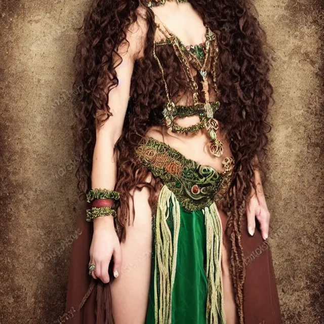 Prompt: ethereal beautiful woman with long curly hair in romany gypsy outfit, high detail, brown and green dark aesthetic