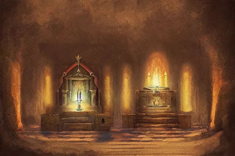 Prompt: “Ancient underground temple in dim lighting, high ceilings, with a hooded cult member facing an altar, concept art, digital painting by Shaddy Safadi”