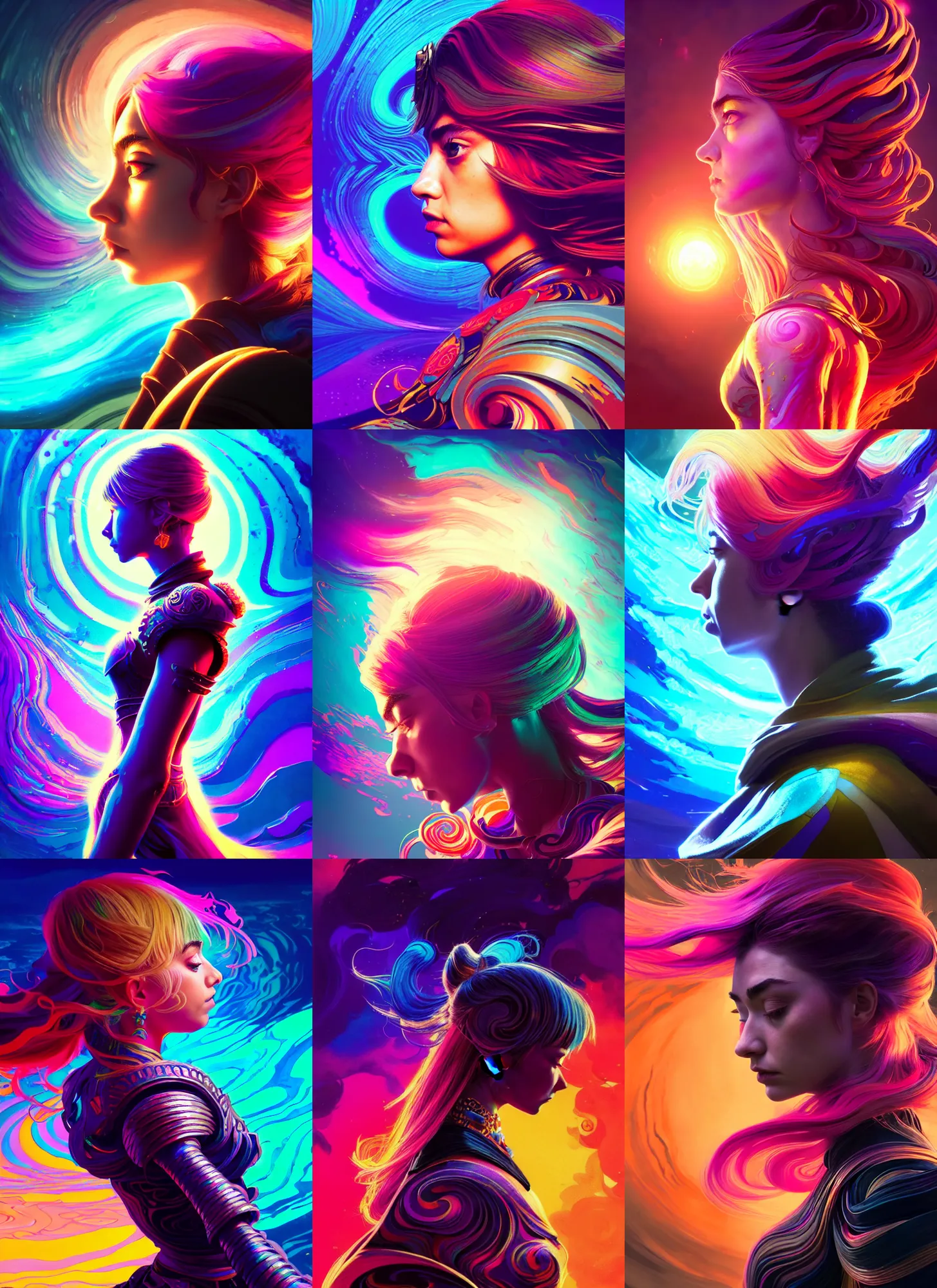 Prompt: side portrait, imogen poots, paladin, gloomhaven, colorful swirly ripples, psychedelic, gaudy colors, anime, luminescent, octane render, unreal engine, by greg manchess, huang guangjian, greg rutkowski, jesper ejsing, magali villeneuve, artgerm, ilya kuvshinov