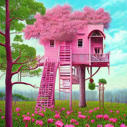 Prompt: a surreal painting of a tree house surrounded by pink flowers, a surrealist painting by jeffrey smith, trending on cgsociety, psychedelic art, psychedelic, surrealist, biomorphic