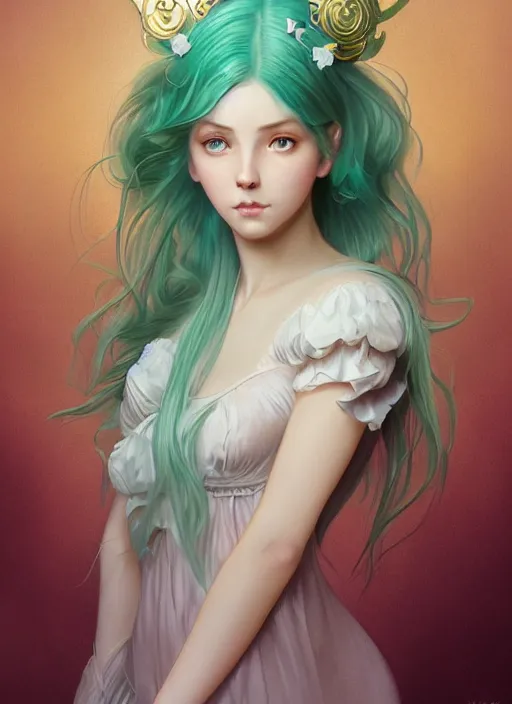 Image similar to Portrait of magical girl, dreamy and ethereal, mint green eyes, peaceful expression, ornate frilly dress, fantasy, intricate, elegant, beautiful, digital art, dynamic lighting, golden ratio, highly detailed, digital painting, trending on artstation, concept art, smooth, sharp focus, illustration, photo realistic, art by artgerm and greg rutkowski and alphonse mucha, 4K