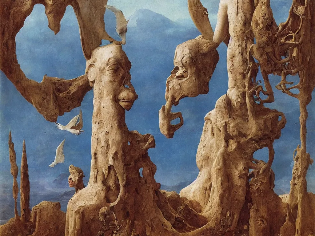 Image similar to Albino mystic with his back turned, looking in the distance in the mountains at giant totemic archaic sculpture mask sculpted temple from Lapis Lazuli with beautiful exotic dove. Painting by Jan van Eyck, Beksinski, Audubon, Rene Magritte, Agnes Pelton, Max Ernst, Walton Ford