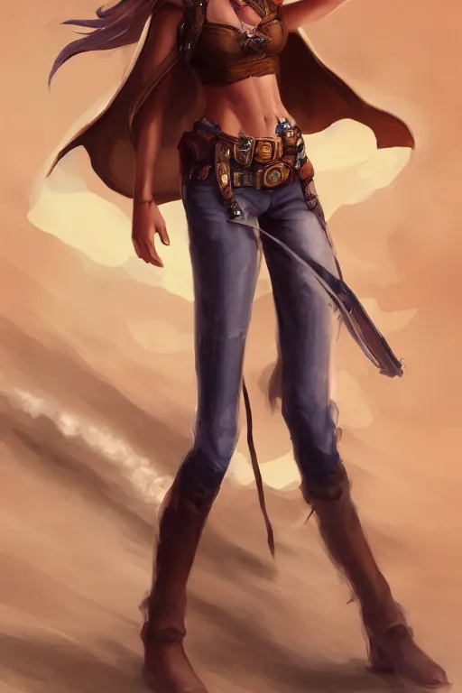 Image similar to full body, katherine mcnamara cowgirl, perfect face, white blouse, holster, 8 k, magic the gathering, desert, d & d, artstation, high detail, smooth, sweaty character concepts by senior concept artist