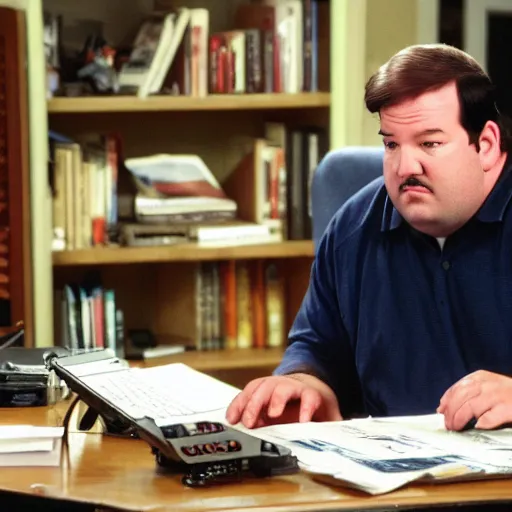 Prompt: Kevin Malone sitting at his desk, a small radio is sitting on top of the desk