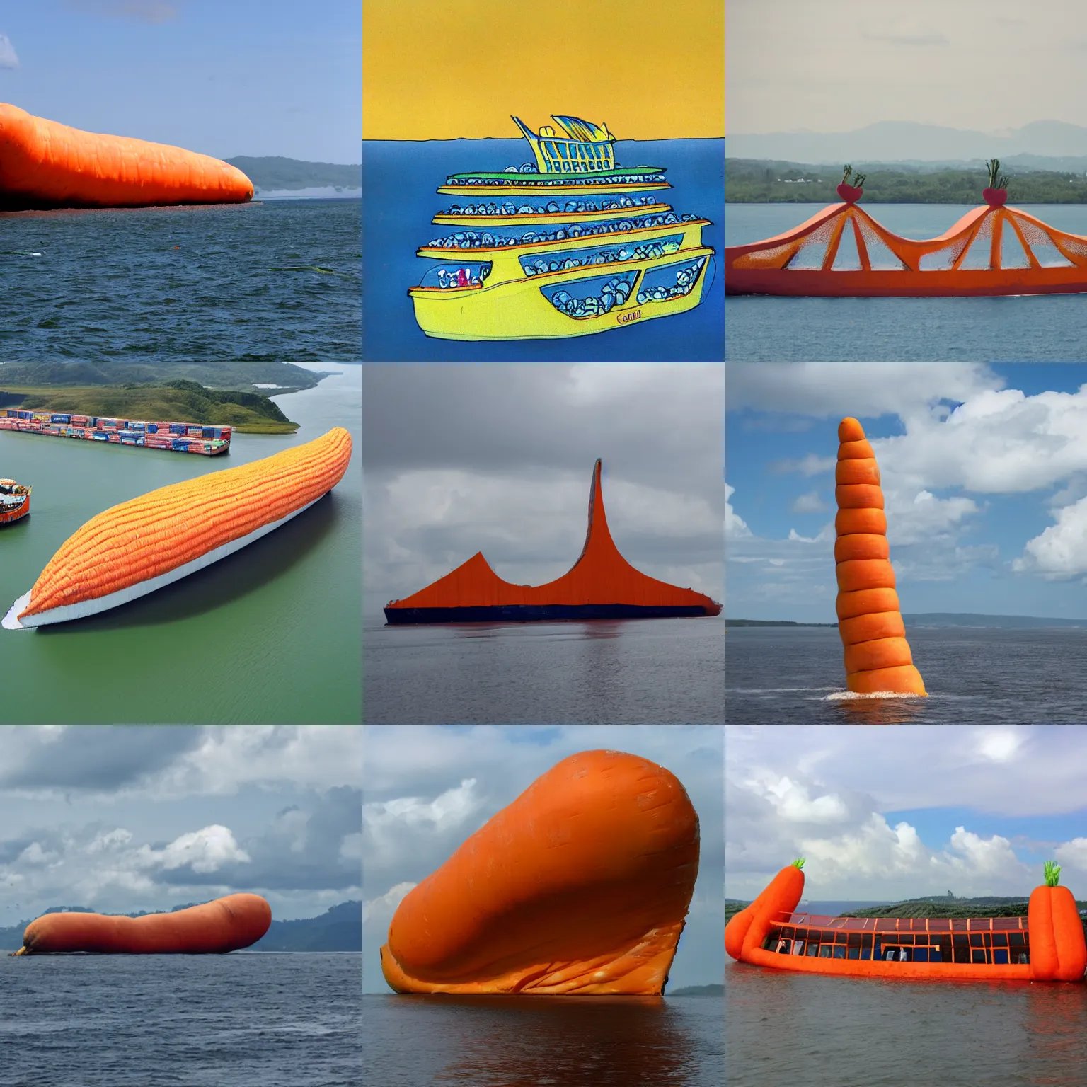 Prompt: giant carrot shaped ship with windows crossing the Panama channel