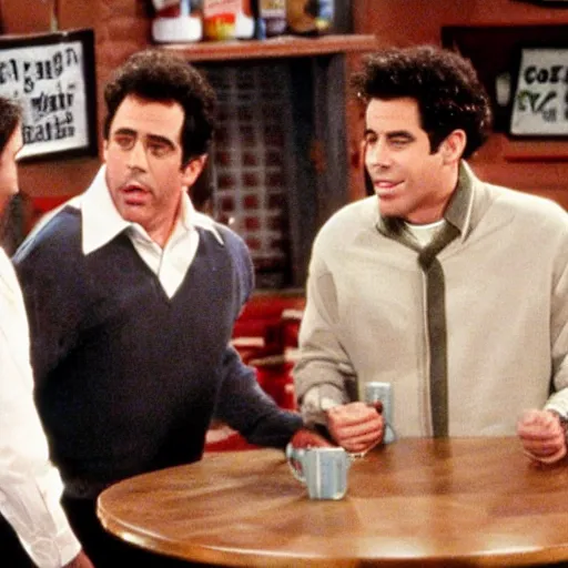 Prompt: Seinfeld and George invite Ross and Rachel at the coffee but they argue over the bill