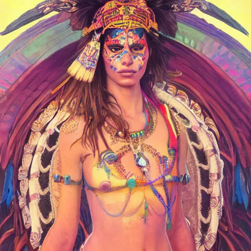 Prompt: Camila Morrone as an Aztec goddess, athletic , face paint, vibrant attire, intricate, highly detailed, digital painting, artstation, concept art, sharp focus, illustration, art by greg rutkowski and alphonse mucha
