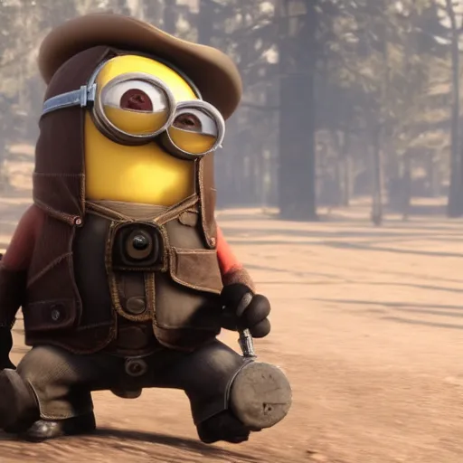 Prompt: Film still of a Minion, from Red Dead Redemption 2 (2018 video game)