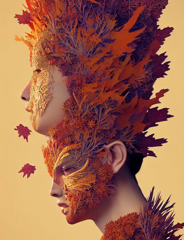 Image similar to 3 d goddess close - up profile portrait of young girl wearing a beautiful intricately detailed japanese autumn mask, fall leaves, thistles, phoenix, dried plants, foxes, wind, creature, artwork by tooth wu and wlop and beeple and greg rutkowski